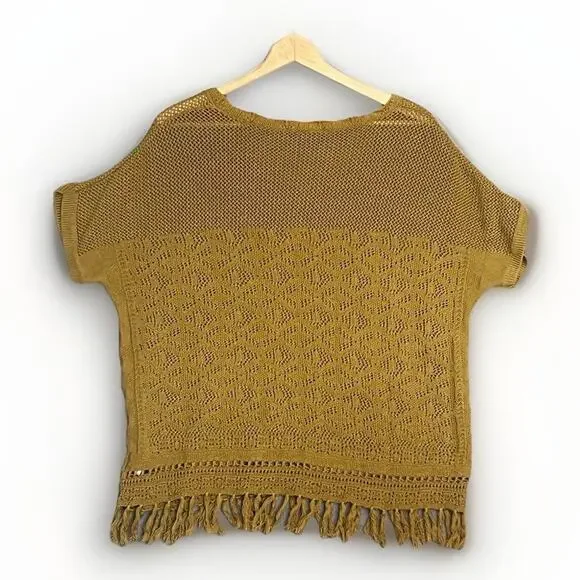 Torrid Crochet Knit Short Sleeve Top Sz 2X Mustard Cotton Fringe Open Knit Layer - Picture 3 of 11